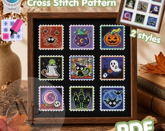 Halloween Sampler Stamps Spooky Cute Cross Stitch Pattern 2 Styles Digital Download Cozy Home DIY Beginner Friendly