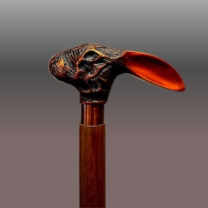 Wooden walking cane hand carved walking stick rabbit head