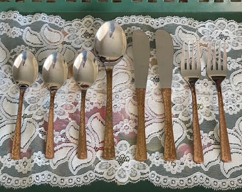 hammered copper handle utensils, copper flatware, lots of patina, charcuterie board utensils, knives, serving spoon, forks