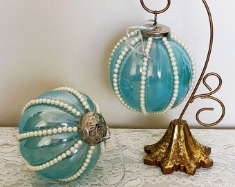 1 large 4 1/2” glass ornament, jumbo Christmas ornament, iridescent glass, aqua turquoise blue, white pearl embellished