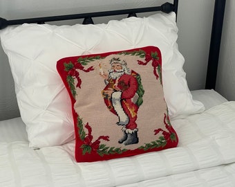 wool needlepoint Christmas pillow, Santa Claus, red cotton backing, envelope throw pillow cover, Steinwinder Enterprises,