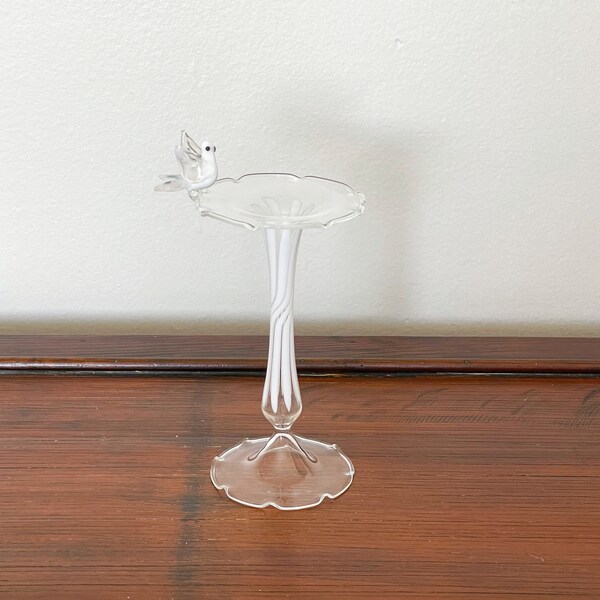bird bath bud vase, hand blown glass, delicate & dainty, miniature lampwork glass bird figurine, murano glass