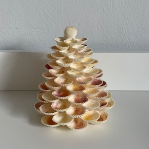 Puede incluir: Un árbol de Navidad decorativo hecho con conchas marinas. El árbol está construido con numerosas conchas blancas y crema, con toques de morado y rosa. Una sola concha corona el árbol. Una decoración navideña con temática costera.