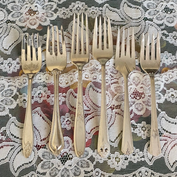 6 mismatched silverplated forks, salad & dessert, 6 different patterns, vintage silver plate flatware, farmhouse style, tea party set