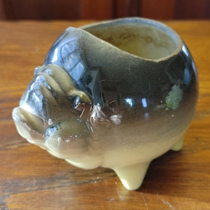 Peut inclure: Un pot de fleurs en céramique en forme de poisson, avec un glaçage marron foncé et beige. Le poisson a un visage détaillé et est soutenu par trois petits pieds. L'intérieur du pot est de couleur beige clair.