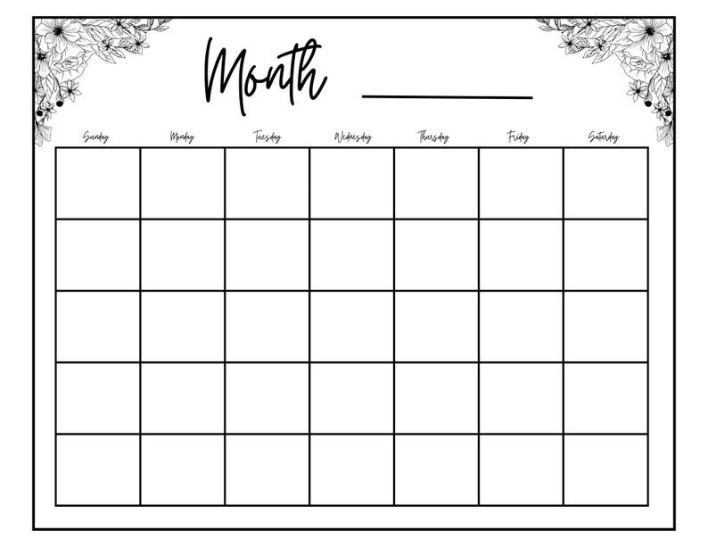 Blank Monthly Calendar Printable - Etsy