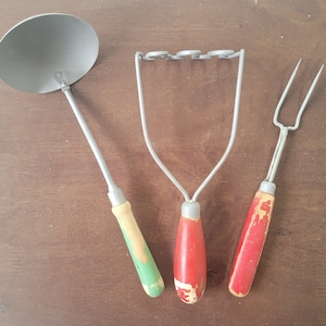 1940s Farmhouse Ladle, Potato Smasher, and Carving Fork