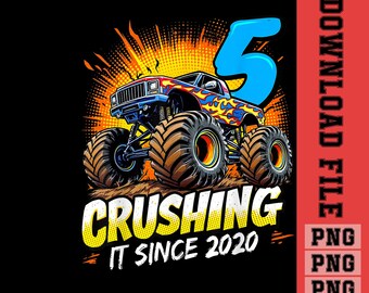 Födelsedagsmonstertruck 5 år gammal PNG, pojkars 5-årsfest född 2020 png, 5-årsdag femte födelsedag png, småbarnsfödelsedag, pojkars födelsedag png.