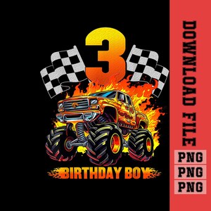 Könnte beinhalten: Grafikdesign mit einem Monstertruck mit Flammen, Schachflaggen und der Zahl 3 in Orange und Gelb. Der Text "BIRTHDAY BOY" steht unten. Der Hintergrund ist schwarz.