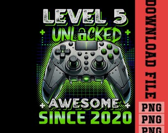 Nivel 5 desbloqueado. Impresionante desde 2020. 5.º cumpleaños, juegos, cumpleaños, jugador, jugador de nivel superior, nivel 5 desbloqueado.