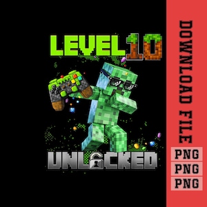 May include: A black graphic tee featuring a pixelated green character wearing sunglasses and holding a video game controller. The text "LEVEL 10 UNLOCKED" is displayed in green and silver.