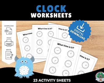 May include: A set of 23 printable clock worksheets for kids. The worksheets feature various clock faces with different times. The text on the worksheets reads "What time is it?" and "time is it?"  The worksheets are designed to help children learn to tell time.