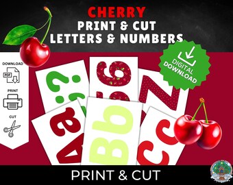 Alfabeto e numeri stampabili con ciliegie: decorazioni per la classe (download digitale)