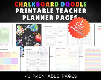 May include: A set of 41 printable teacher planner pages with a chalkboard doodle theme. The pages include a weekly planner, lesson plan, contacts, student birthdays, and weekly time table. The pages are designed with a colorful and fun theme.