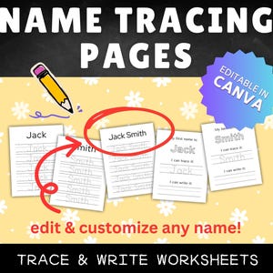 Puede incluir: Hojas de trabajo de trazado de nombres editables para niños. La imagen muestra un conjunto de hojas de trabajo imprimibles con el nombre "Jack Smith" escrito en ellas. Las hojas de trabajo están diseñadas para ayudar a los niños a aprender a trazar y escribir sus nombres. El texto "Editable in Canva" también es visible en la imagen.