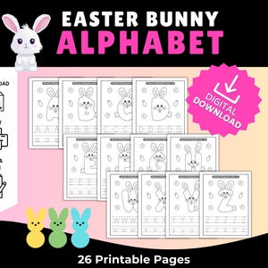 May include: A set of 26 printable pages featuring an Easter bunny alphabet. Each page includes a bunny holding a letter, a line for tracing the letter, and lines for writing the letter.