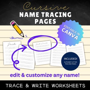 Peut inclure: Pages de traçage de noms en cursive, modifiables dans Canva. L'image montre un exemple de page avec le nom "Jack Smith" écrit en cursive. Des pages de traçage de lettres de l'alphabet sont incluses. Feuilles d'exercices de traçage et d'écriture.
