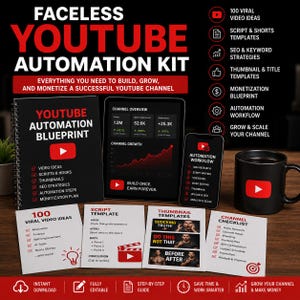 May include: A promotional image for a YouTube automation kit. The image features a black notebook, a tablet, and a smartphone, all displaying information about building and monetizing a YouTube channel. Additional elements include a coffee mug and several informational cards.