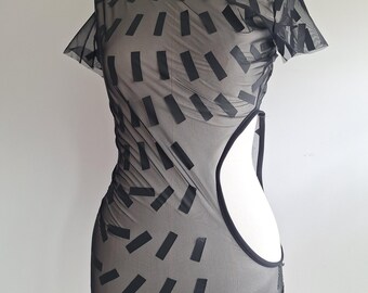 Margiela tshirt coating old stock asymmetrical open side sheer black mesh stretch size small
