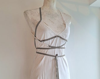 vintage summer dress Dirk van Saene white small jersey silk ribbons ankle length 1996