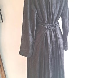 black Poiret trenchcoat 40-44 eu size XL oversized unisex armpit 65 cm + length 140 cm sheer silk brocade flowers