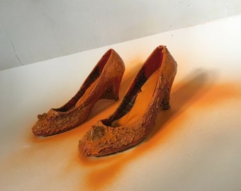 latex wedges vintage vinyl pumps with gold leaf size 38 reworked NotThatSexy gore halloween orange