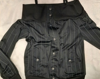 off shoulder Yohji Yamamoto bomberjacket vintage pinstripe black sporty adidas small medium 36 to 40 eu great condition avant garde