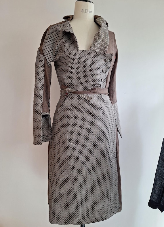 Dries Van Noten, weird button down dress upcycled with dries van noten linen crosses woven coat grey brown vintage wool medival cos play antwerp NotThatSexy