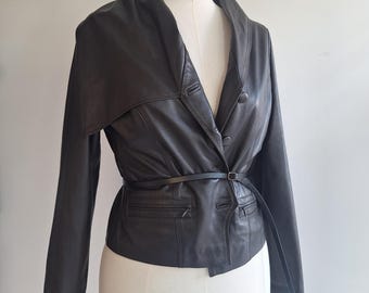 vintage black leather jacket Claudia Sträter size eu 38/40 supple stretchy asymmetrical collar gaultier style NotThatSexy thin lined