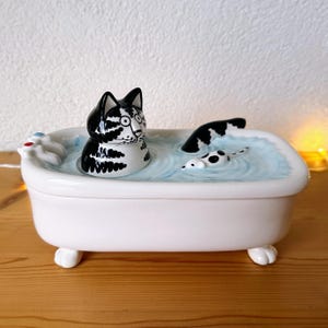 Joyero vintage con forma de gato, joyero japonés raro con tapa, caja decorativa extravagante, lindo gatito en la bañera, decoración del hogar, Sigma B Kliban