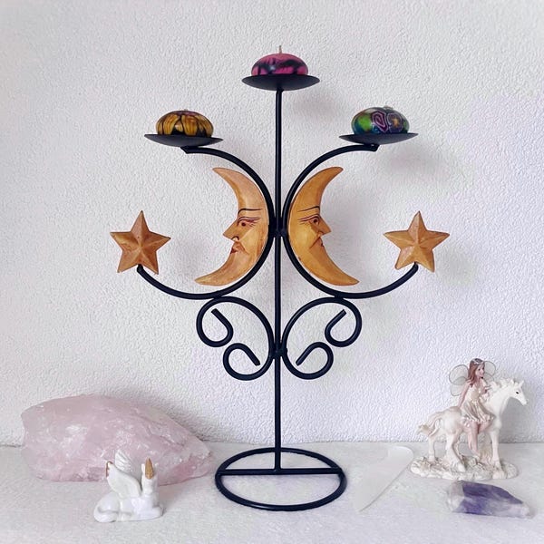 Vintage Celestial Candle Holder with Vintage Candles, Moon and Stars Candelabra, Whimsical and Witchy 90s Decor