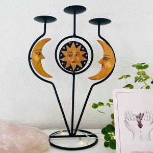Vintage Celestial Candle Holder, Witchy Sun Moon Candelabra, Whimsical Room Decor