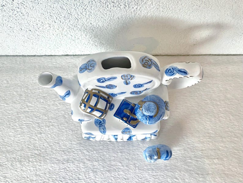 Cute Vintage Cat on Couch Teapot, Collectible Coffee Pot, Blue and