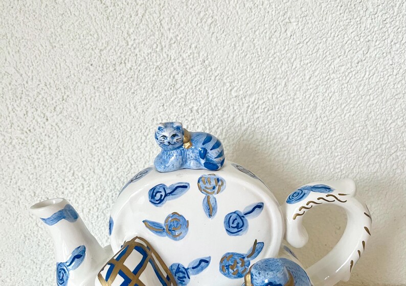 Cute Vintage Cat on Couch Teapot, Collectible Coffee Pot, Blue and