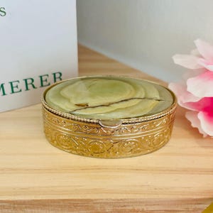 Vintage Green Onyx Gold Plated Trinket Box, Graceful Gemstone Jewelry Box, Antique Pill Box, Mid Century Vanity Decor