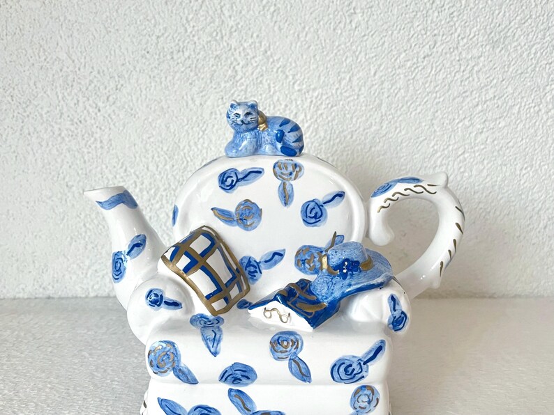 Cute Vintage Cat on Couch Teapot, Collectible Coffee Pot, Blue and
