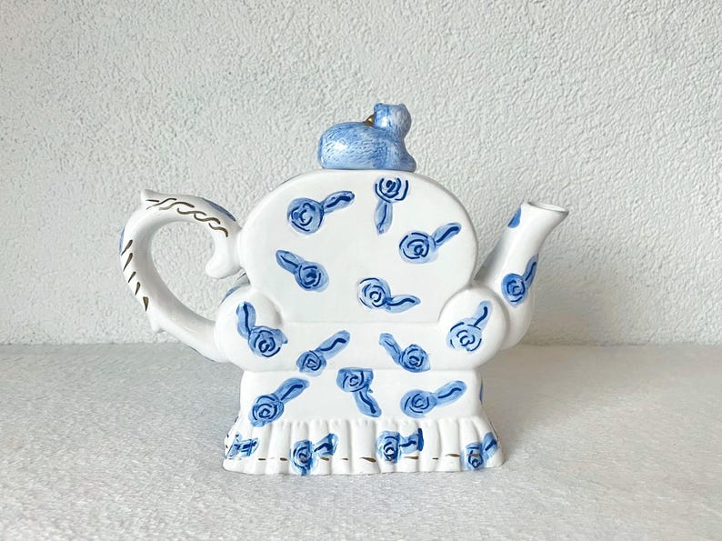 Cute Vintage Cat on Couch Teapot, Collectible Coffee Pot, Blue and