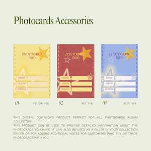 Könnte beinhalten: Bild von Fotokarten-Zubehör in Gelb, Rot und Blau. Jede Karte hat einen Stern und die Worte "Photocard Info". Darunter befinden sich Felder für Künstler, Album und Version. Der Text "Photocards Accessories" steht oben.