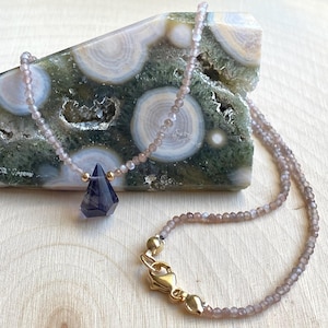 Handmade Iolite & Moonstone Necklace: 16 inches, 14k Solid Gold Clasp, Beads and Findings