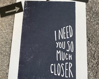 SUPER SECONDS Death Cab for Cutie 'Need You So Much Closer' lyrics linocut print