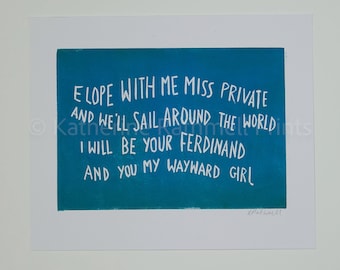 Belle und Sebastian 'Piazza, New York Catcher' Liedtext Linoldruck (auch auf Juno Soundtrack)