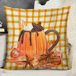 Gingham Pumpkin Latte Pillow Cover With Cozy Autumn Cottage Decor Throw Cushion Cover Fall Vibe Double-Sided Print Cover With Hidden Zipper