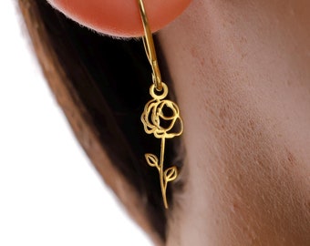 Dangle Earrings with Flower Symbol, Personalized Birth Flower Earring, Floral Symbol Swinging Earring, Birth Month Flower Earring