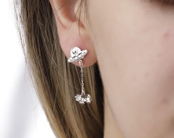 Cow Abduction UFO Dangle Earrings, Sterling Silver Sci-Fi Jewelry