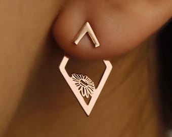 Birth Flower Ear Jacket Earrings: Sterling Silver Rhombus Geometric Jewelry
