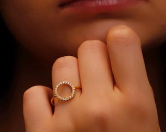 Pave Open Circle Ring, 14K Gold Filled Pave Ring, Dainty Circle Signet Ring, Oval Stone Ring, Geometric Minimalist Ring, Cut Out Circle Ring