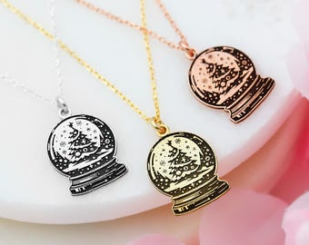Sterling Silver Christmas Tree Snow Globe Necklace