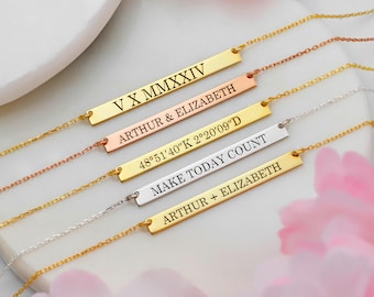 Custom 14K Gold Filled Bar Necklace: Personalized Date, Coordinates