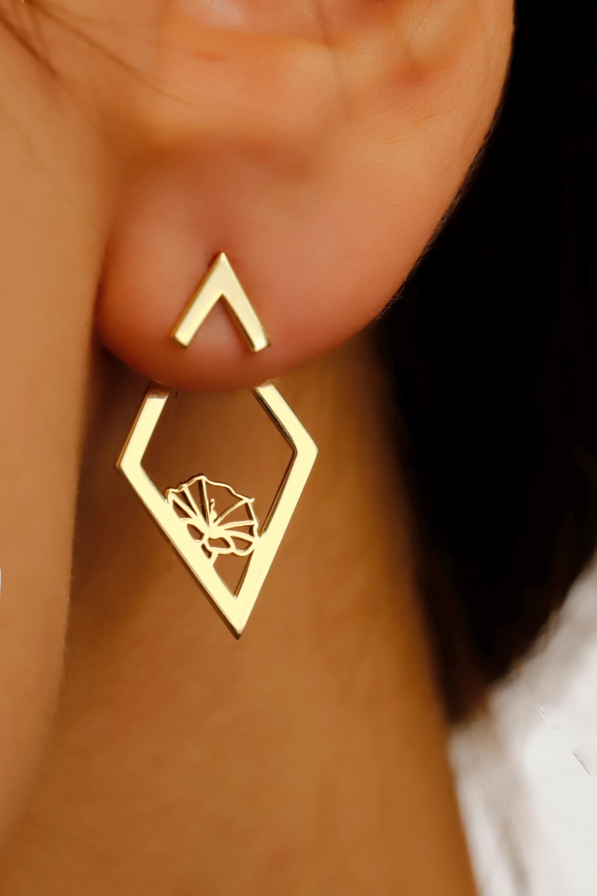 Ear Jacket Earrings, Birth Flower Ear Jacket Earrings, Custom Flower Earrings, Rhombus Earrings, Geometric Earrings With Birth Month Flower