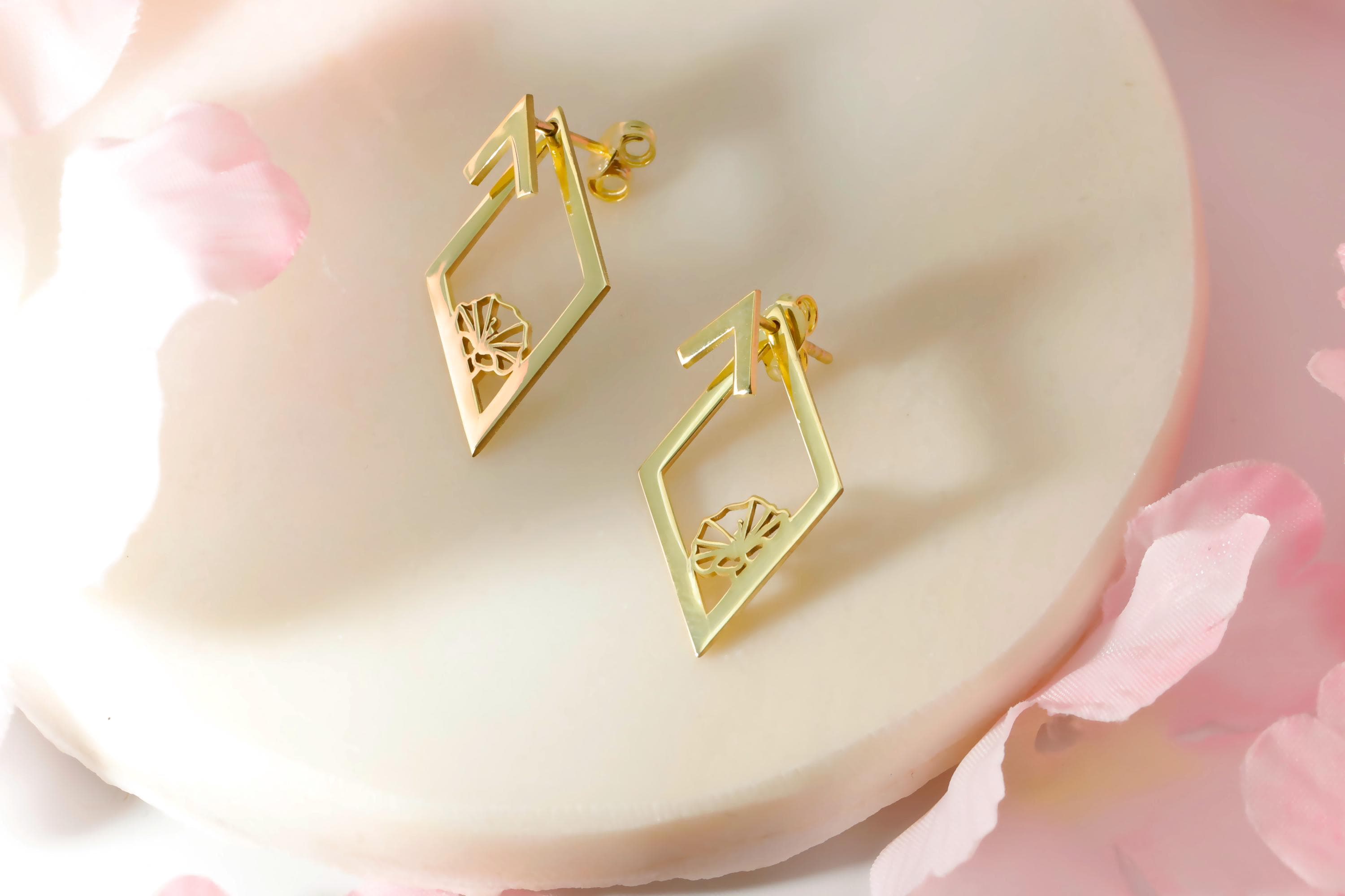 Ear Jacket Earrings, Birth Flower Ear Jacket Earrings, Custom Flower Earrings, Rhombus Earrings, Geometric Earrings With Birth Month Flower